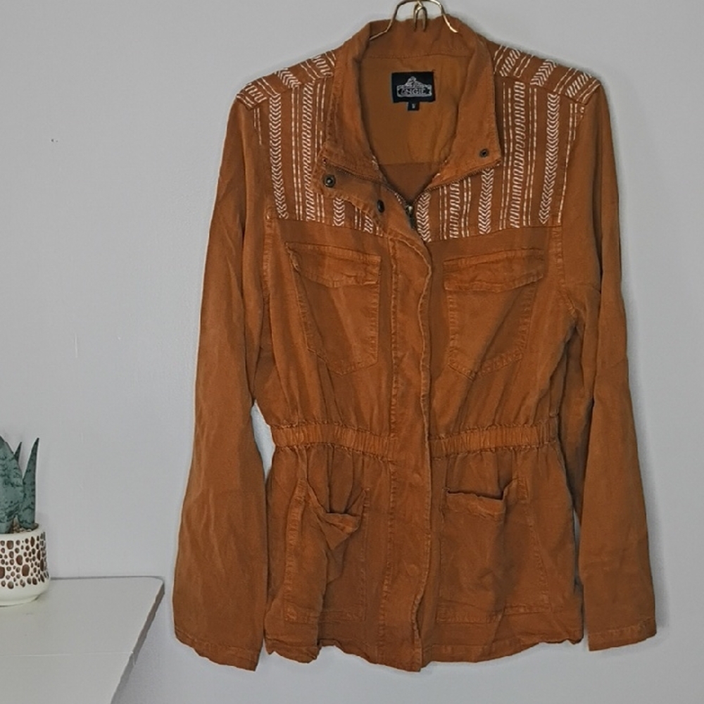 Angie Tangerie Embroidered Smocked Utility Cargo Jacket. Medium